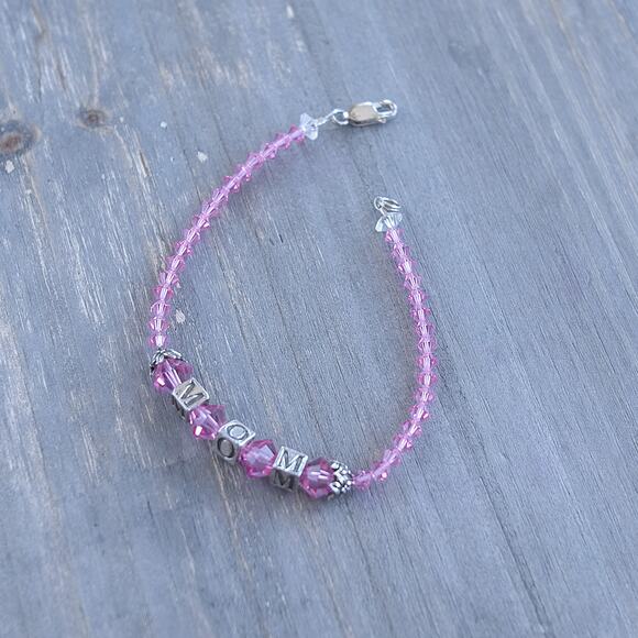Sterling Silver 925 Mom Bracelet Pink Crystal Beads Cube Letter Beads 7.5" - Picture 3 of 7